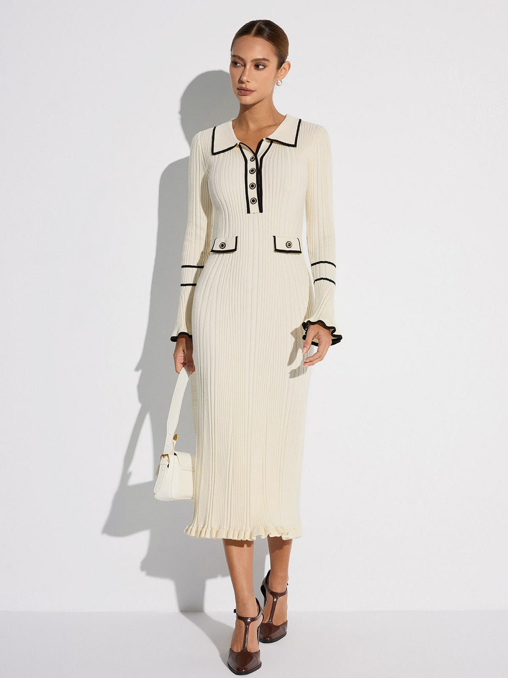 Women's Ribbed Midi Sweater Dress, Collared, Long Sleeves