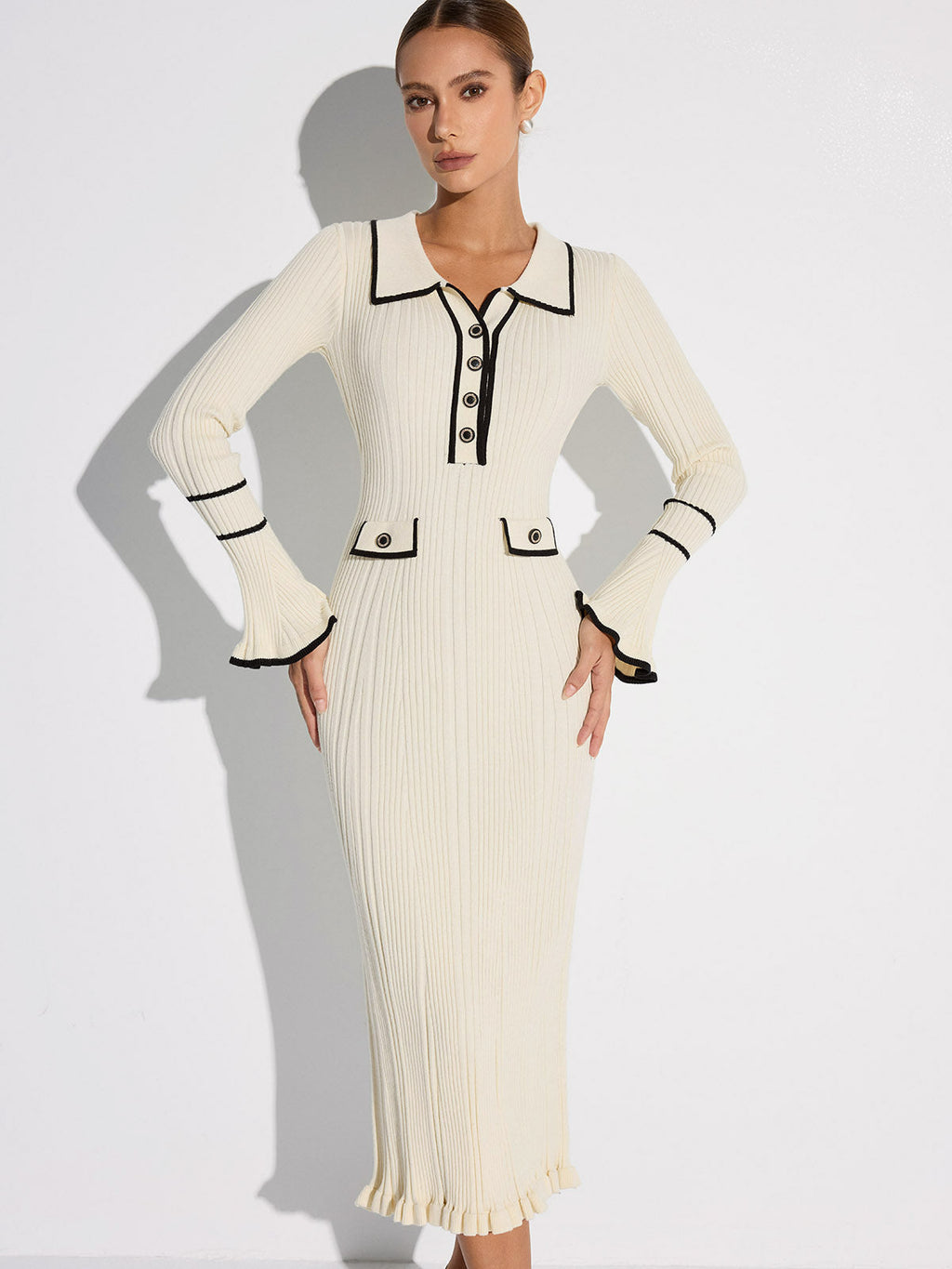 Women's Ribbed Midi Sweater Dress, Collared, Long Sleeves