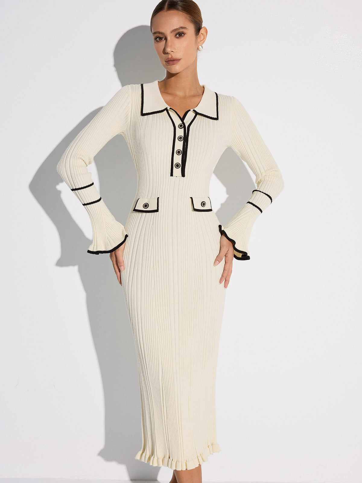 Women's Ribbed Midi Sweater Dress, Collared, Long Sleeves