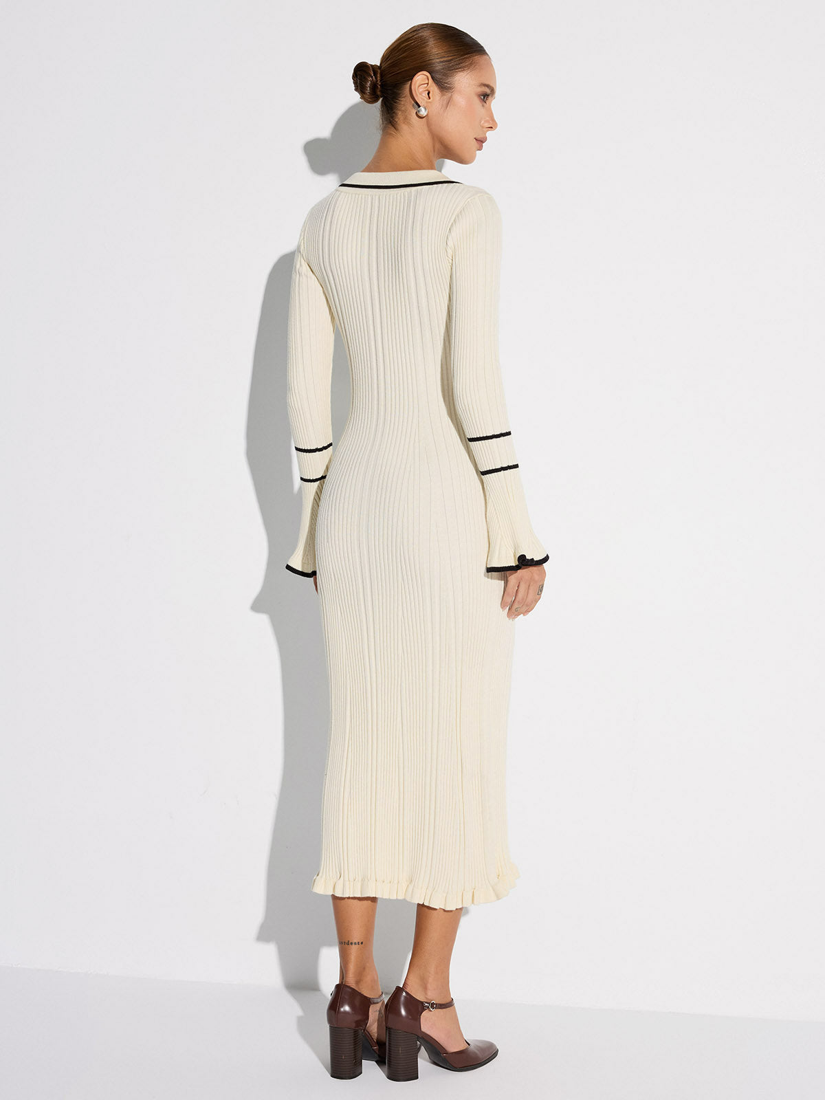 Women's Ribbed Midi Sweater Dress, Collared, Long Sleeves