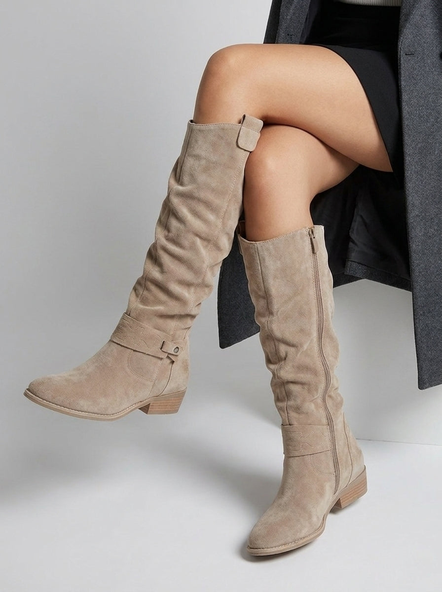 Women's Knee-High Boots, Ruched Shaft, Low Block Heel