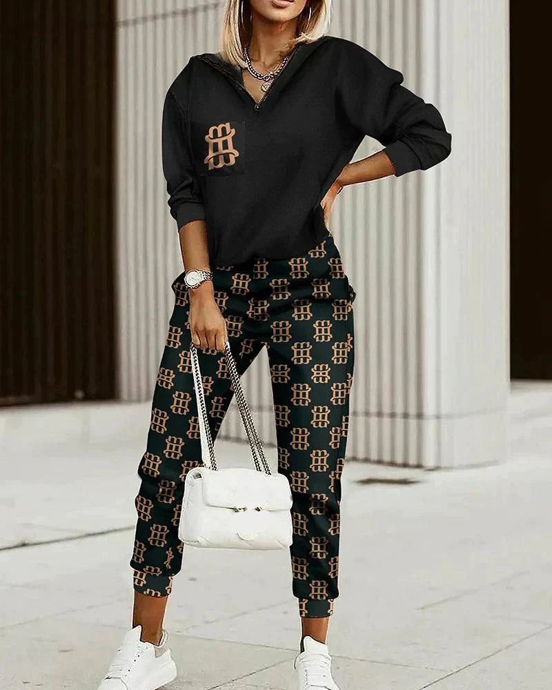 Women's Patterned Hoodie And Jogger Set, Long Sleeves