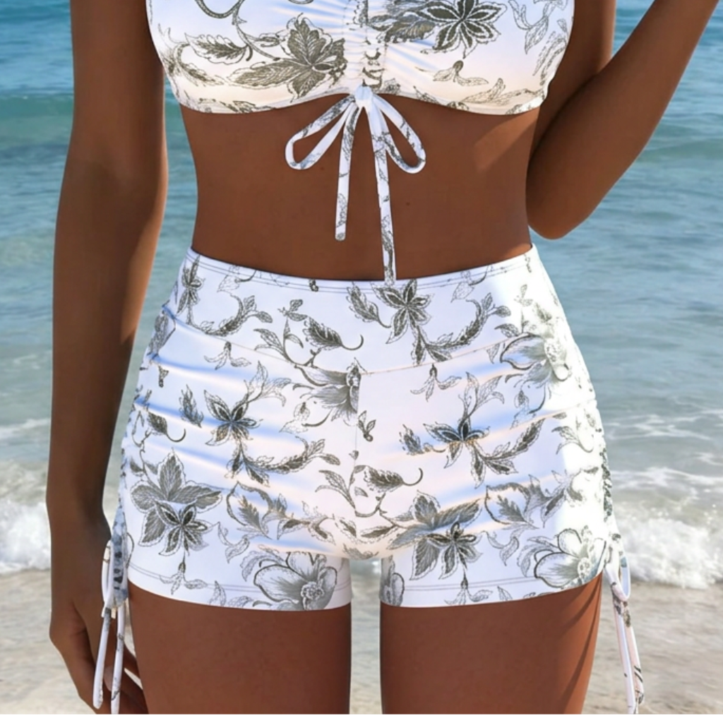 Bikini with halter neck, high waist, and metal clasp, two-piece