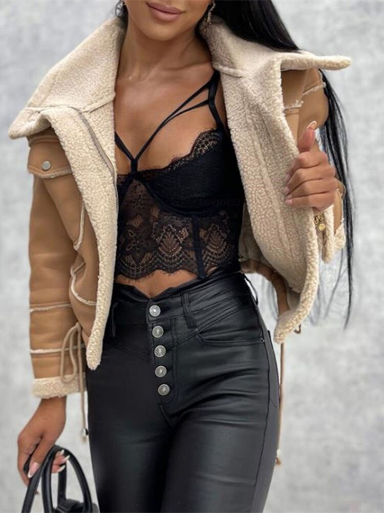 Women's Faux Leather Winter Coat – Zip-Up Pocket Jacket