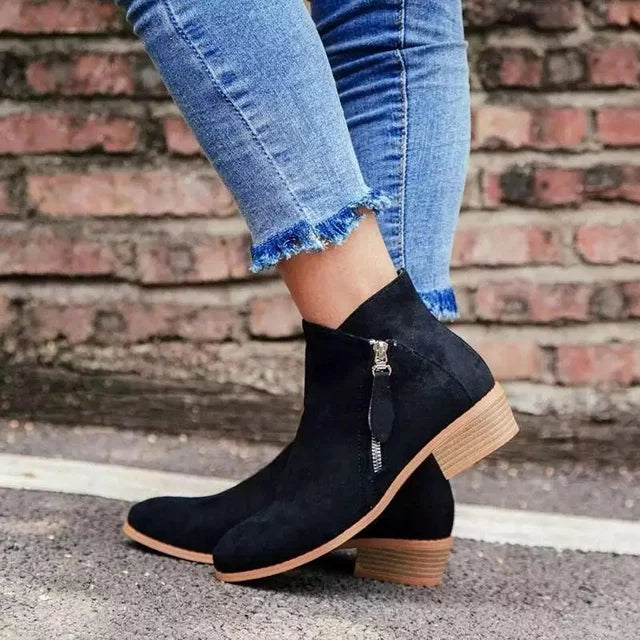 Women's Ankle Boots, Side Zipper, Low Block Heel