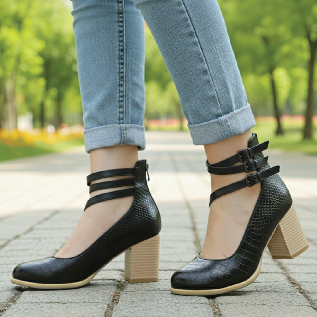 Women's Croc-Embossed Block Heel Pumps with Triple Ankle Straps