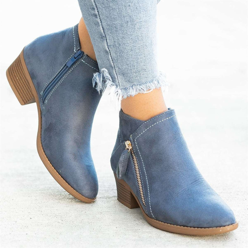 Women's Ankle Boots, Side Zipper, Low Block Heel