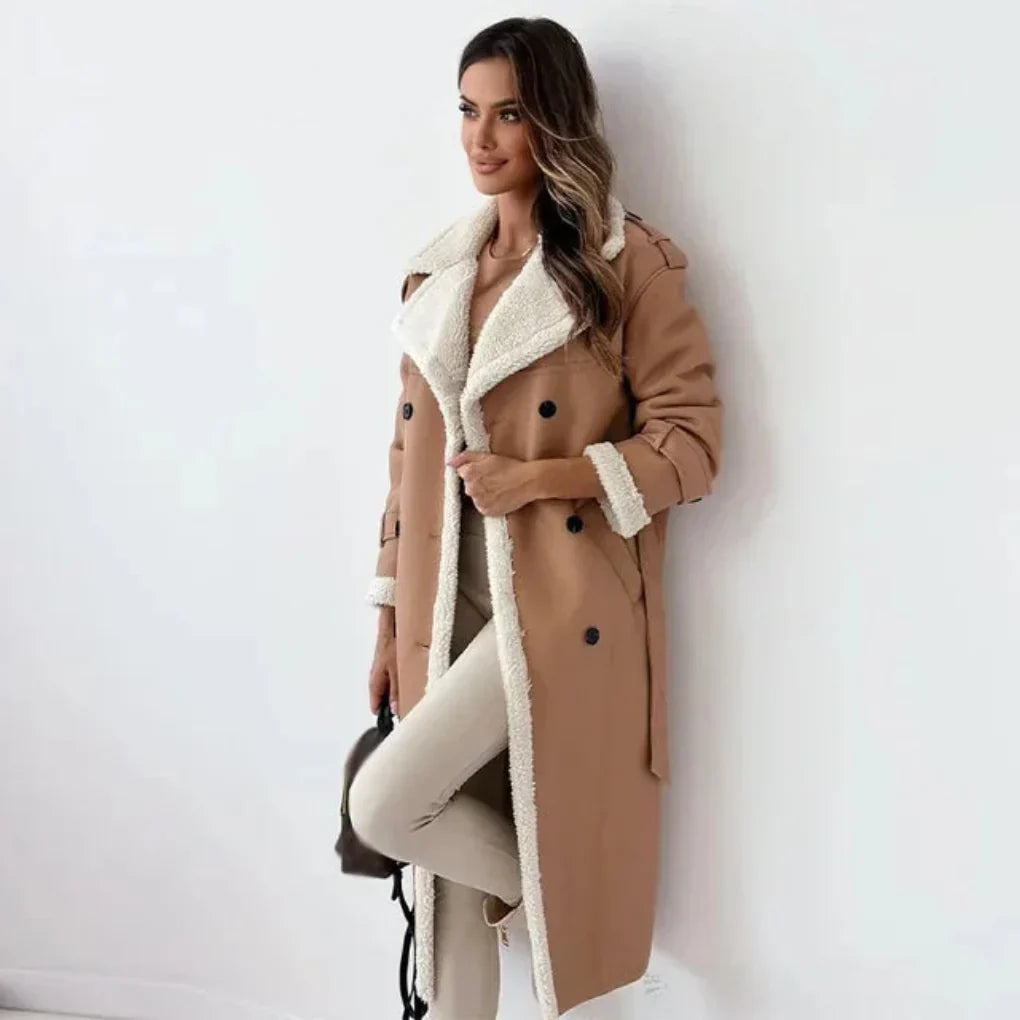 Women's Double-Breasted Long Coat with Shearling Trim