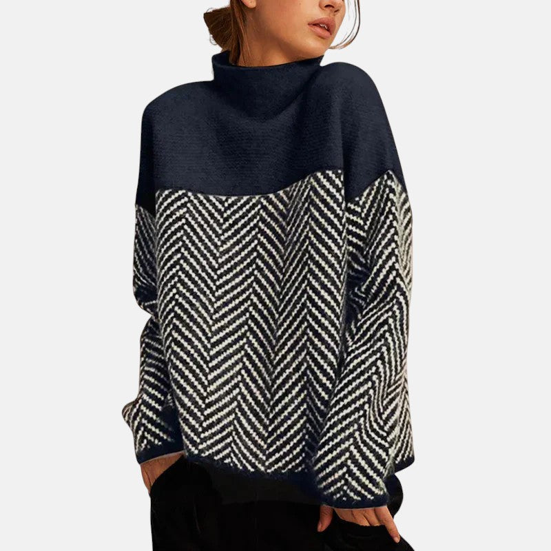 Women's Herringbone Sweater, High Collar, Long Sleeves, Relaxed Fit