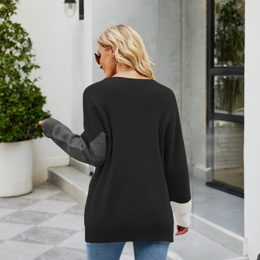 Women's Color Block Crew Neck Sweater Ribbed Knit