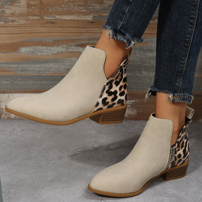 Women's Leather Low Heel Martin Boots with Side Zipper and Roomy Fit