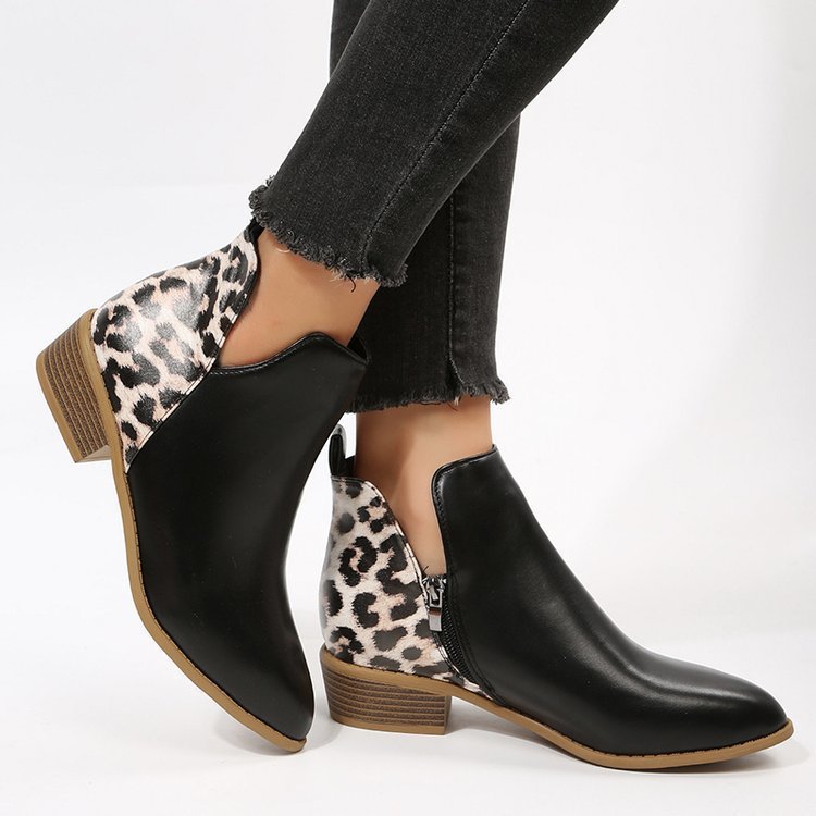 Women's Leather Low Heel Martin Boots with Side Zipper and Roomy Fit