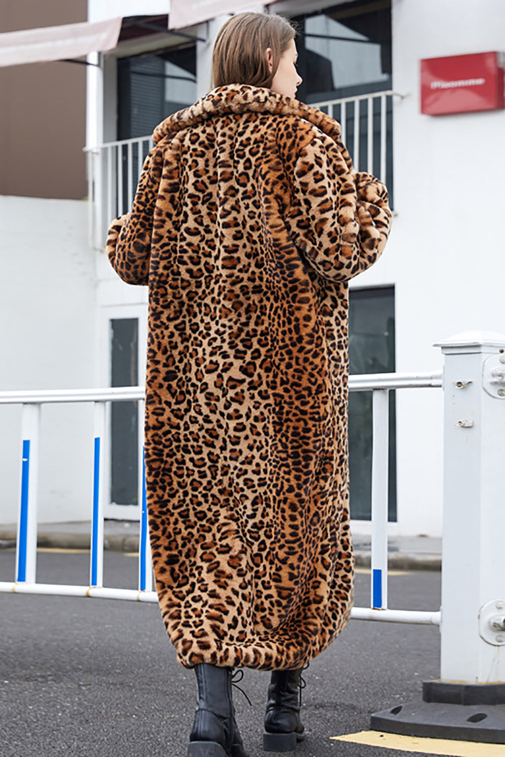 Women's Leopard Print Long Coat, Notched Lapels, Long Sleeves