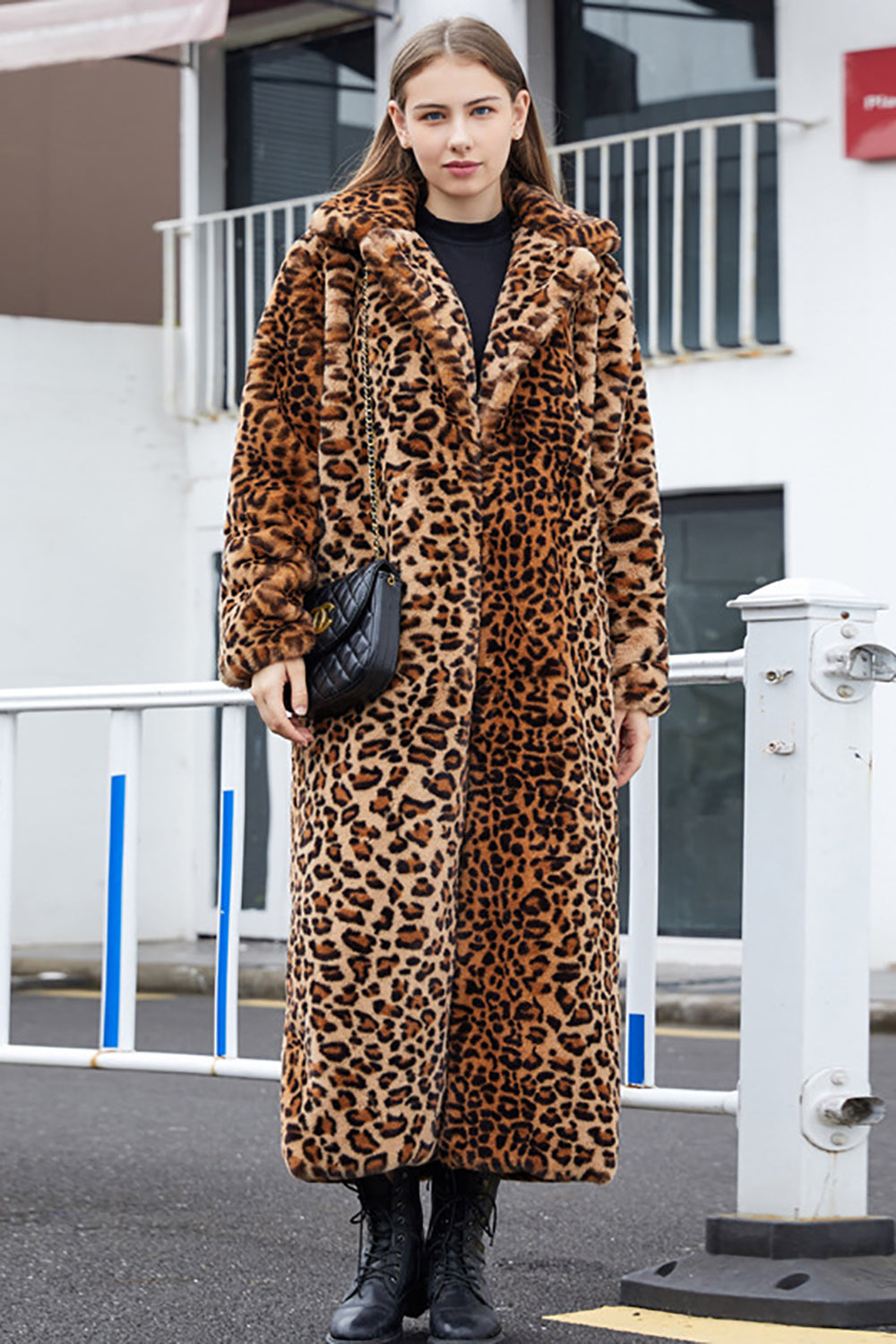 Women's Leopard Print Long Coat, Notched Lapels, Long Sleeves