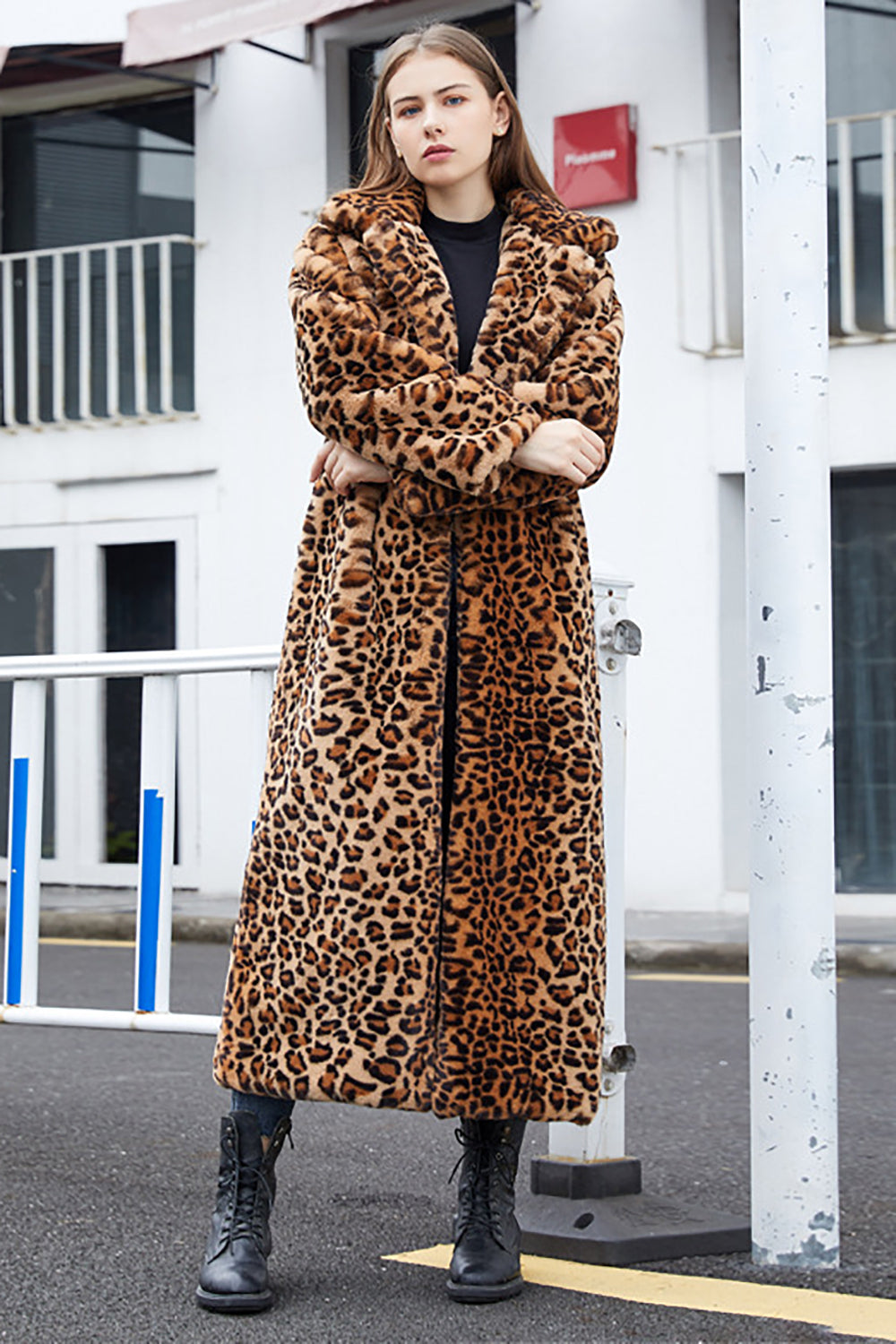 Women's Leopard Print Long Coat, Notched Lapels, Long Sleeves