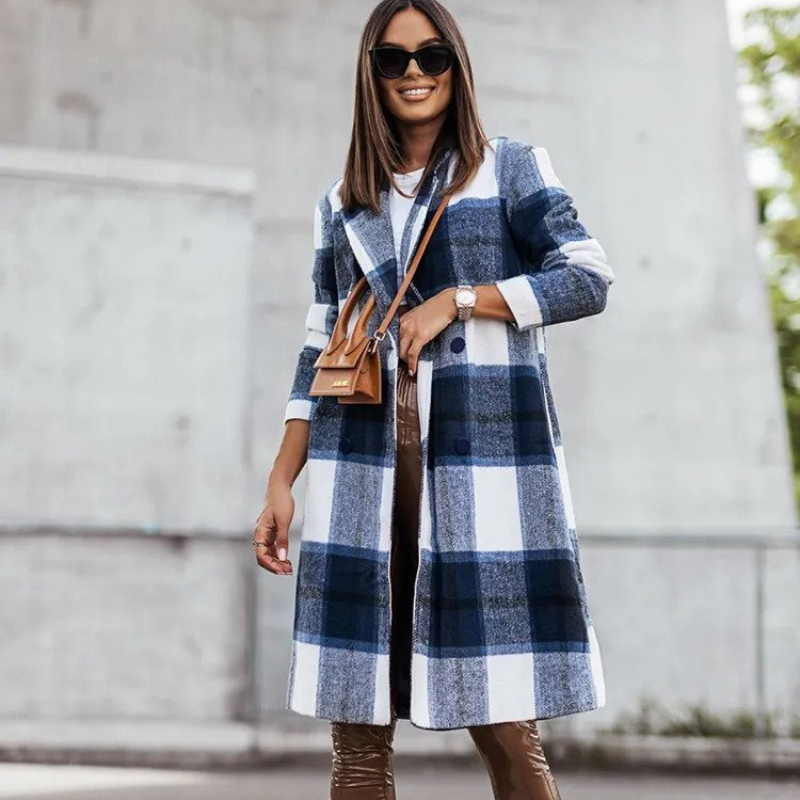 Women's Checked Long Coat with Open Front