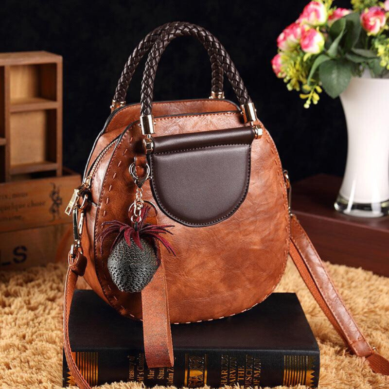 Women's Retro Handbag with Braided Handles and Charm