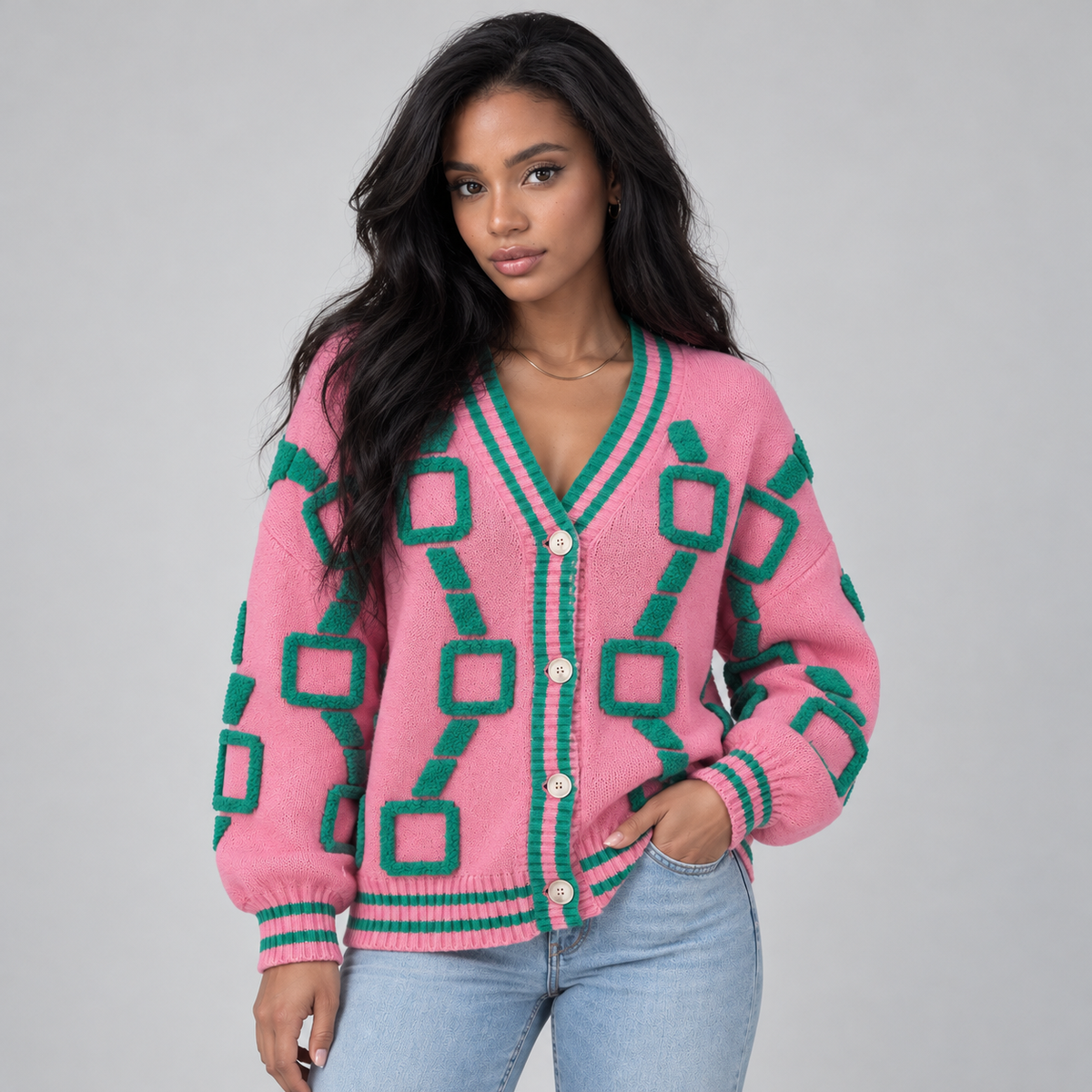 Montarello Women's Cardigan Geometric V-Neck Button Front