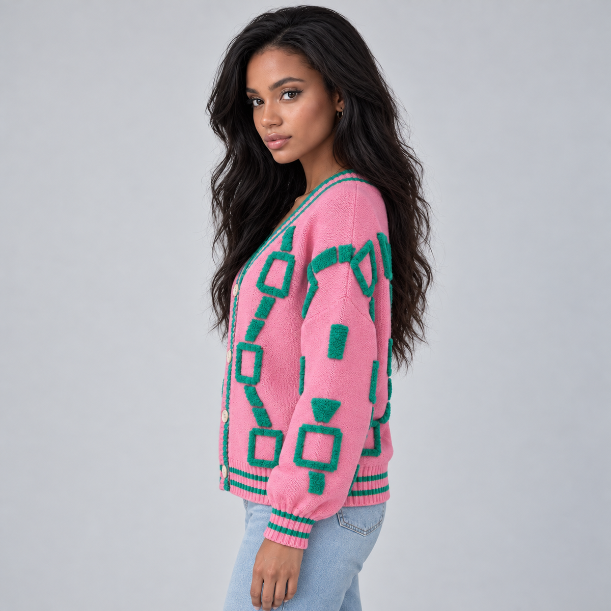 Montarello Women's Cardigan Geometric V-Neck Button Front