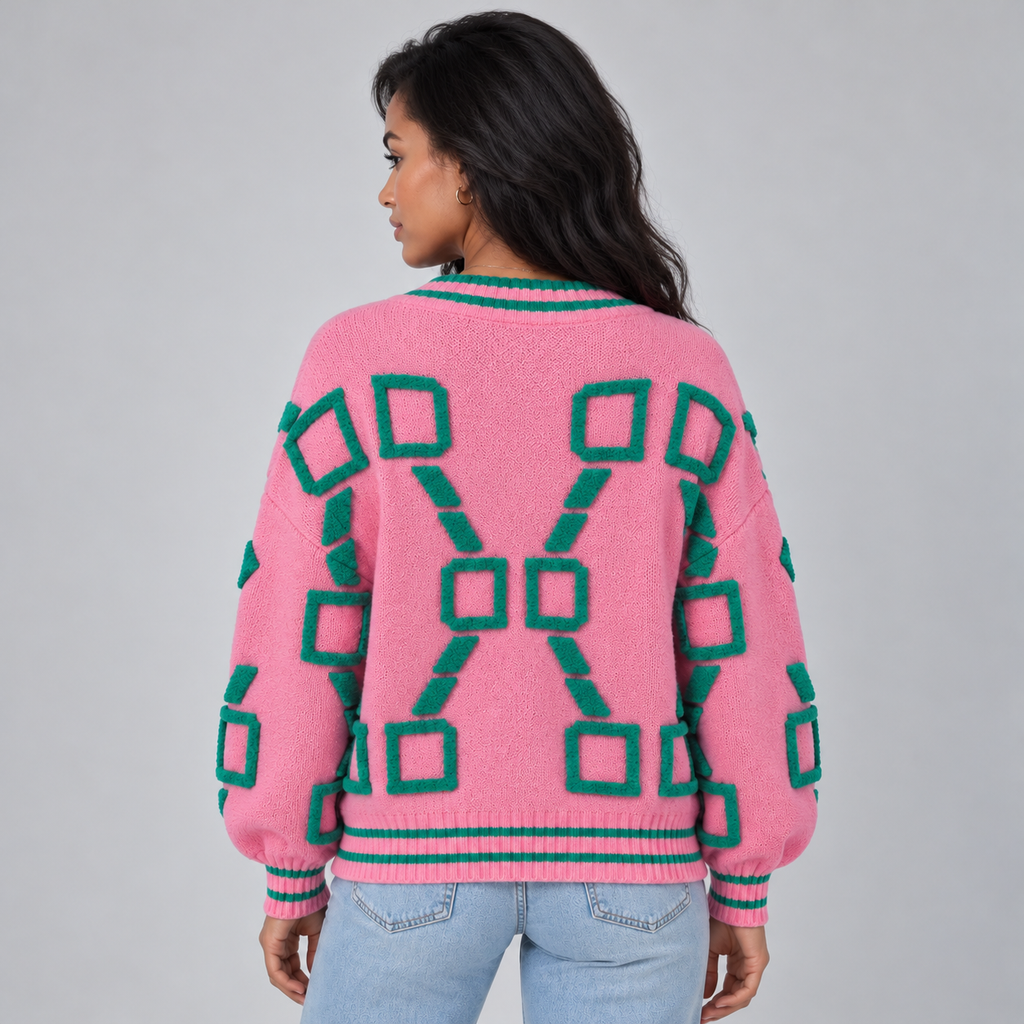 Montarello Women's Cardigan Geometric V-Neck Button Front