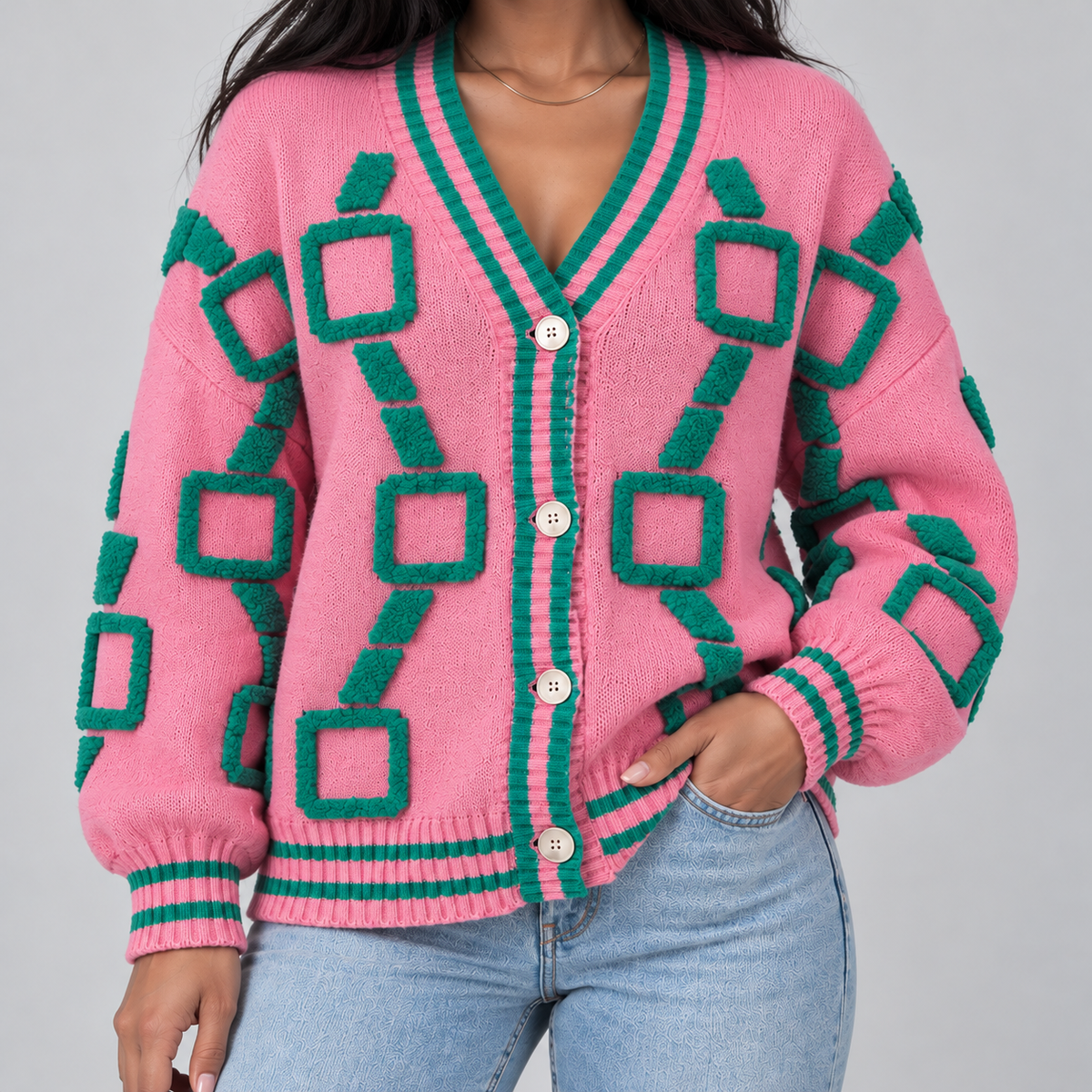 Montarello Women's Cardigan Geometric V-Neck Button Front