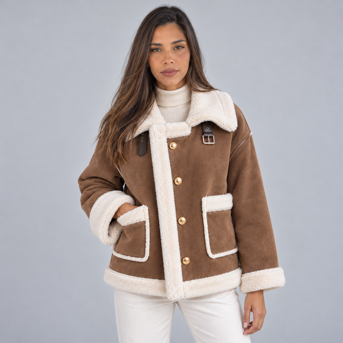 Montarello Women's Jacket Suede-Look Borg Aviator Button Front