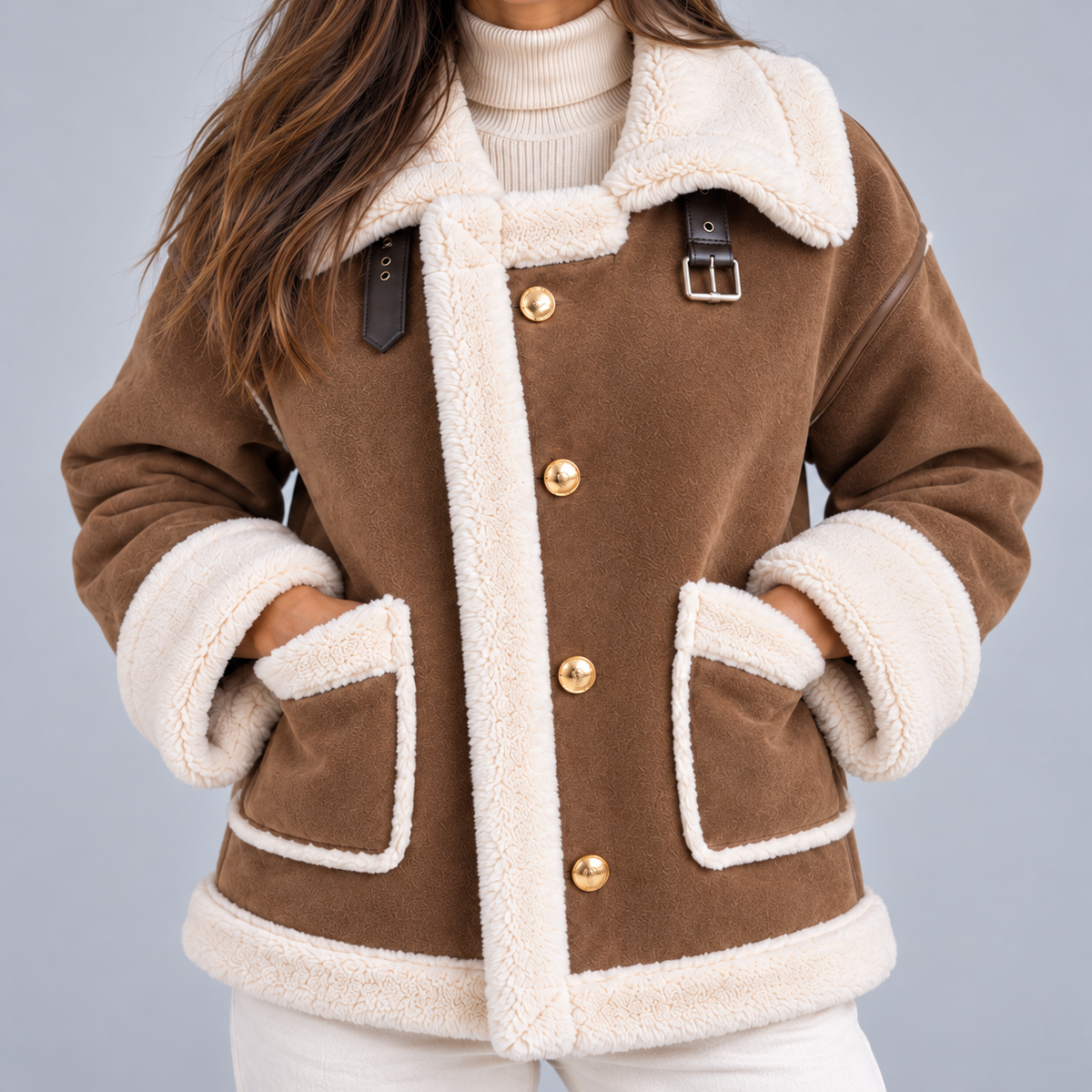 Montarello Women's Jacket Suede-Look Borg Aviator Button Front