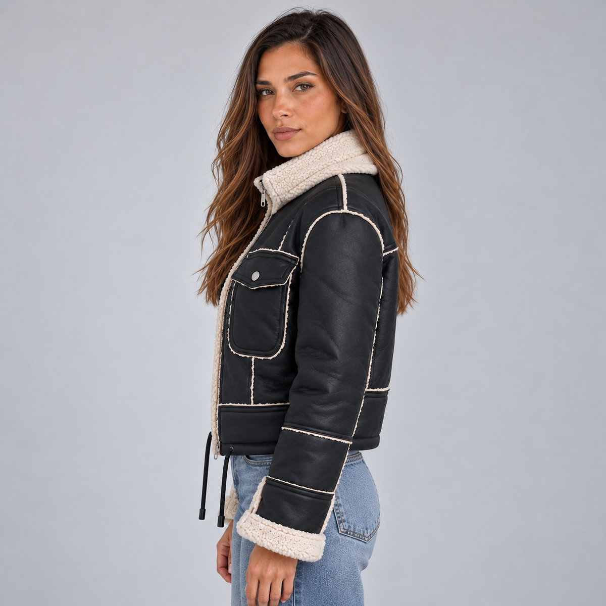 Montarello Women's Jacket Borg Aviator Faux Shearling Collar