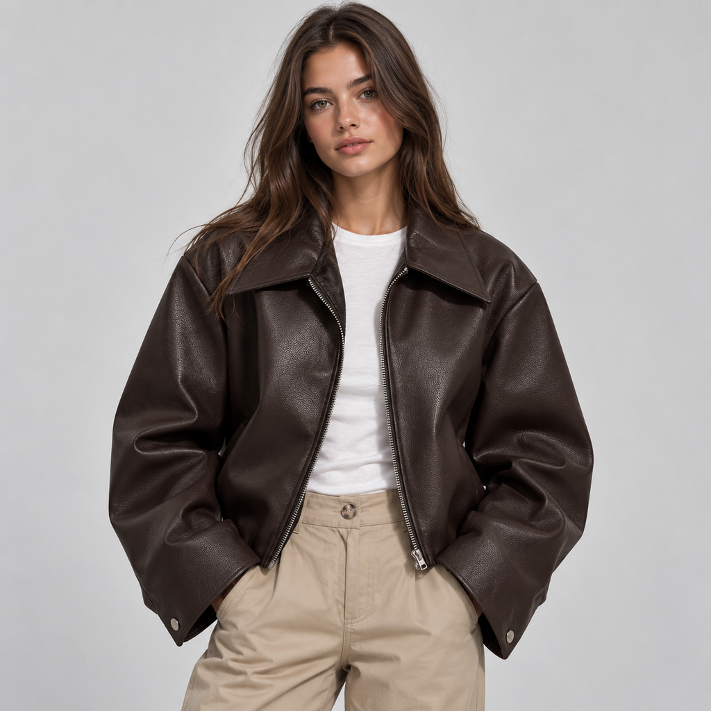 Montarello Women's Faux Leather Jacket Biker Lapel Collar
