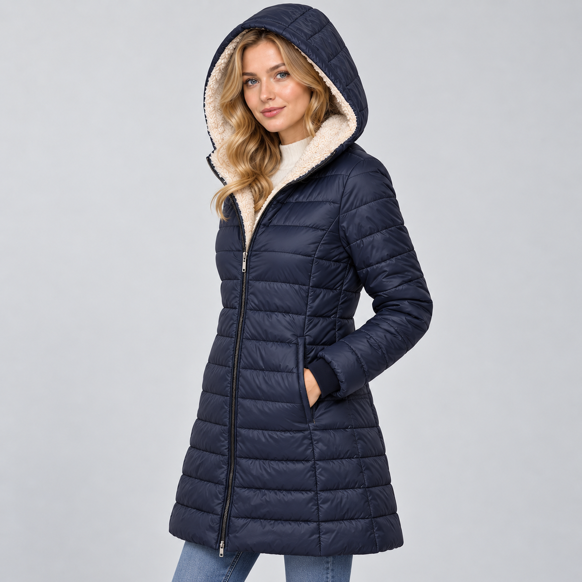 Montarello Women's Coat Hooded Padded Fleece Lined Mid-Length