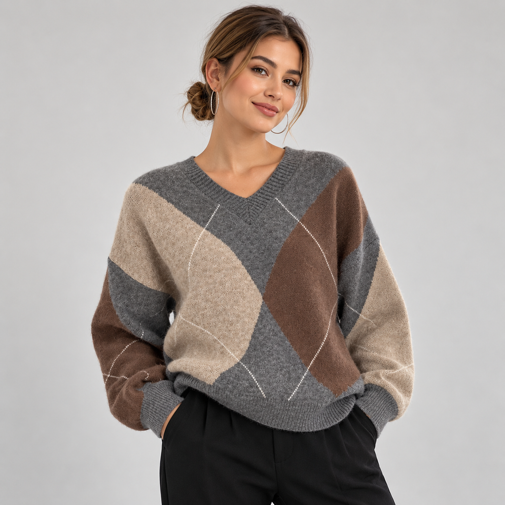Montarello Women's Jumper Argyle V-Neck Long Sleeve Knit