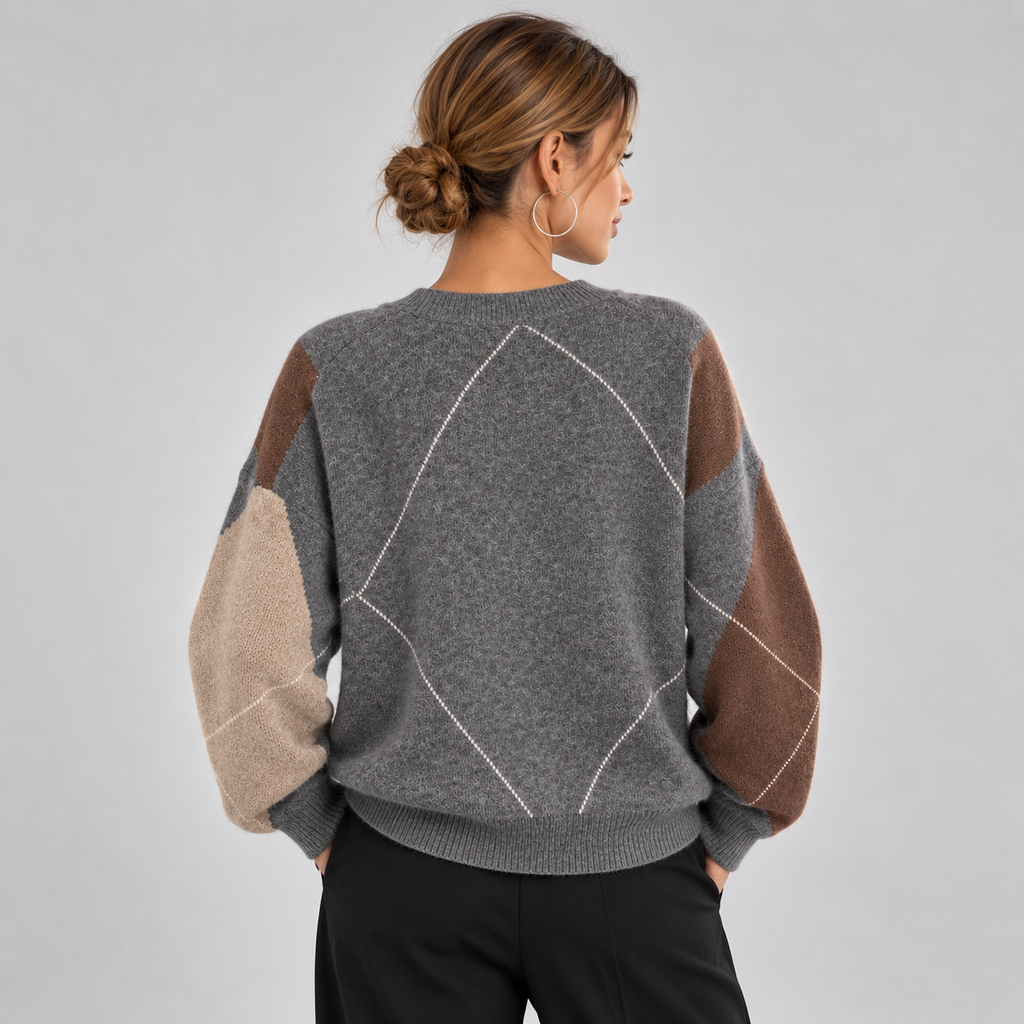 Montarello Women's Jumper Argyle V-Neck Long Sleeve Knit