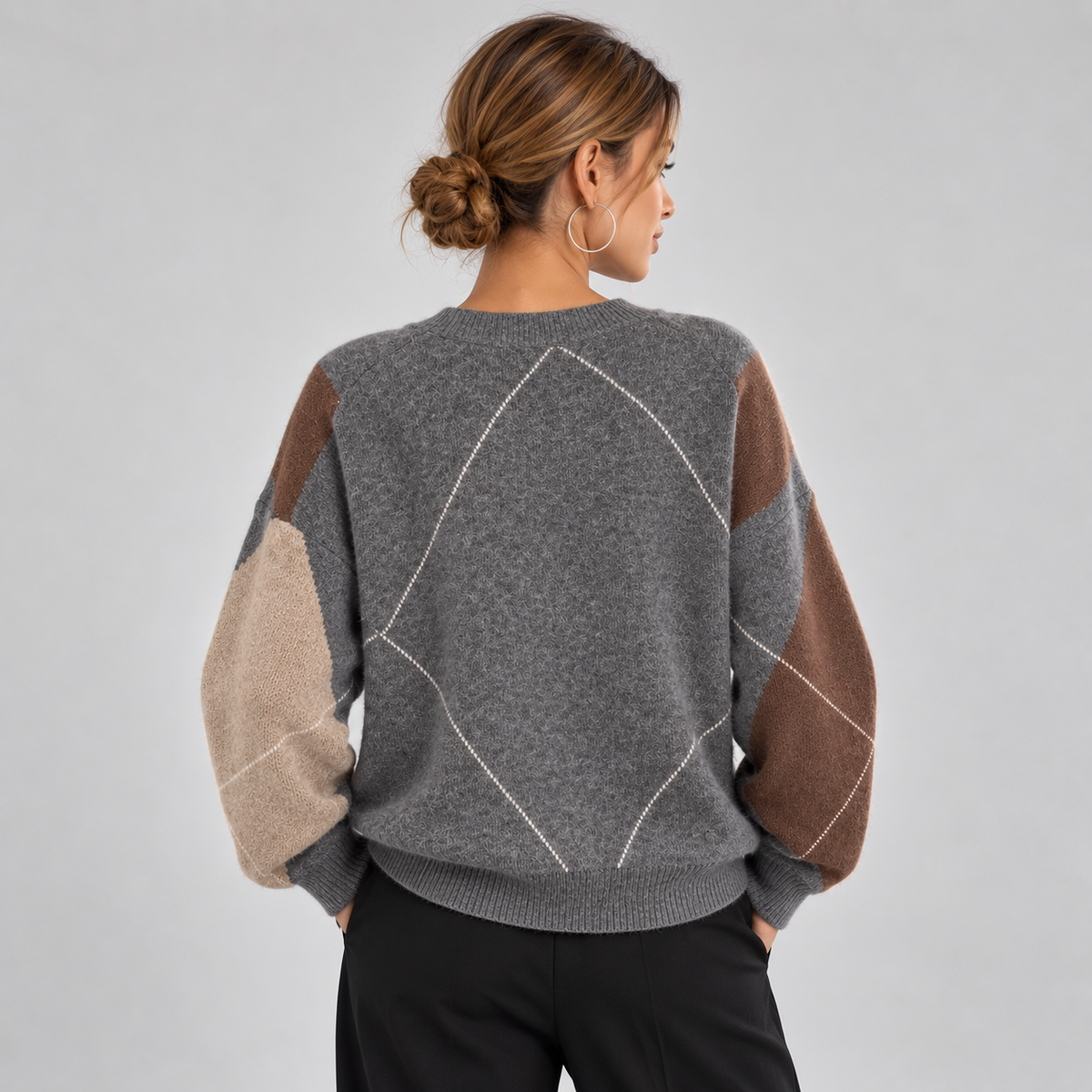 Montarello Women's Jumper Argyle V-Neck Long Sleeve Knit