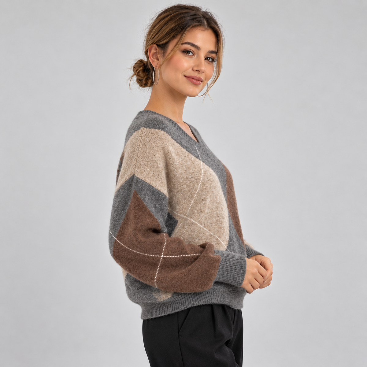 Montarello Women's Jumper Argyle V-Neck Long Sleeve Knit