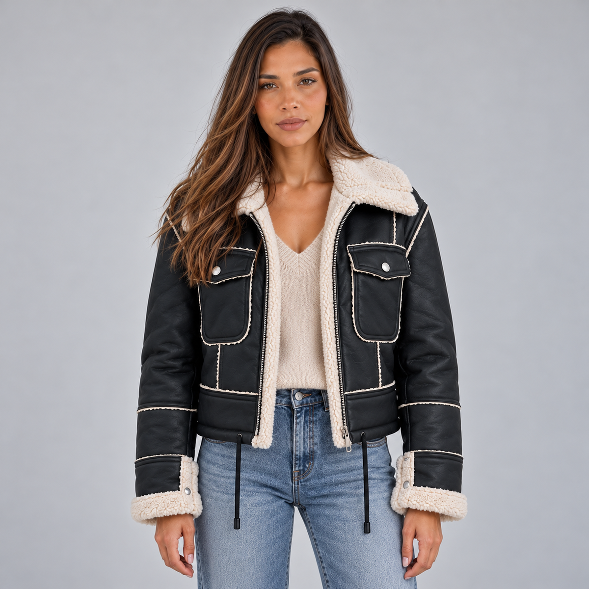 Montarello Women's Jacket Borg Aviator Faux Shearling Collar