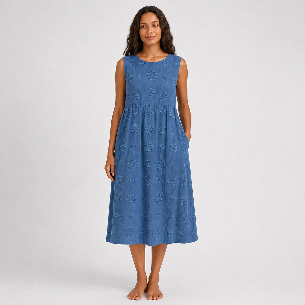 Montarello Women's Sleeveless Embroidered-Look Cotton-Feel Midi Dress