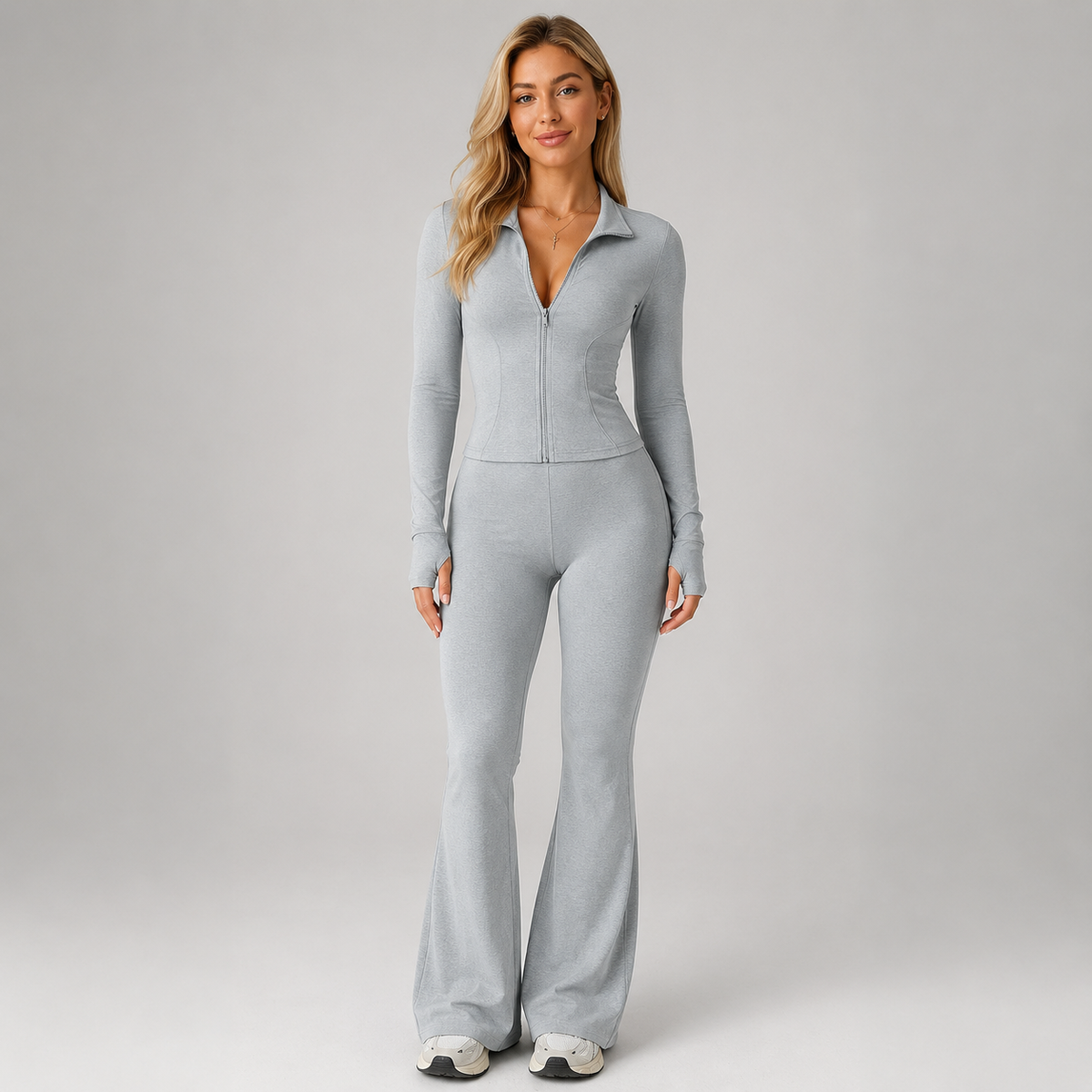 Montarello Women's Co-Ord Set Ribbed Zip Top Flared Trousers