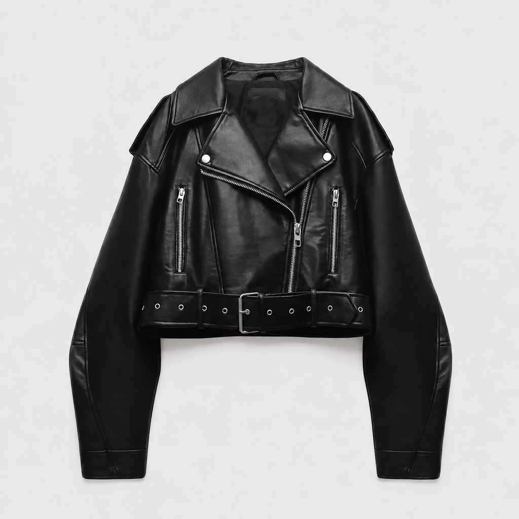 Montarello Women's Leather-Look Belted Biker Jacket