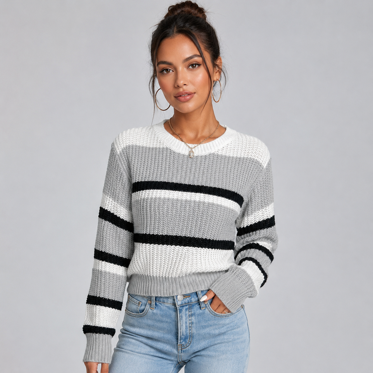 Montarello Women's Cropped Striped Jumper with Round Neck