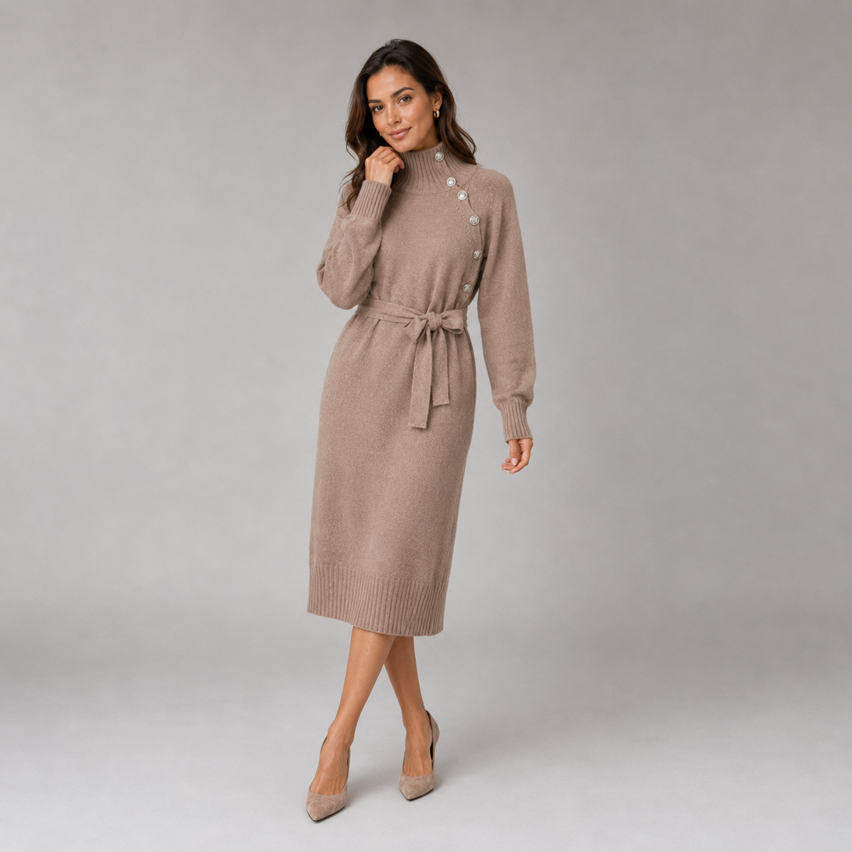 Montarello Women's Jumper Dress Roll Neck Belted Midi
