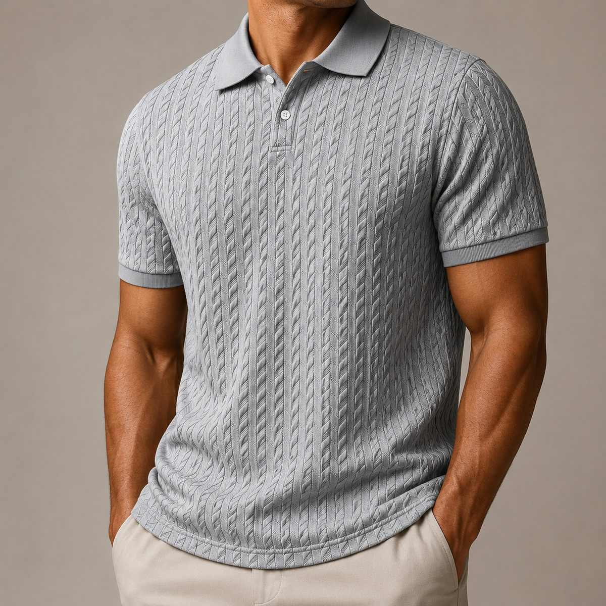 Men's Textured Polo Shirt, Short Sleeves, Button Placket