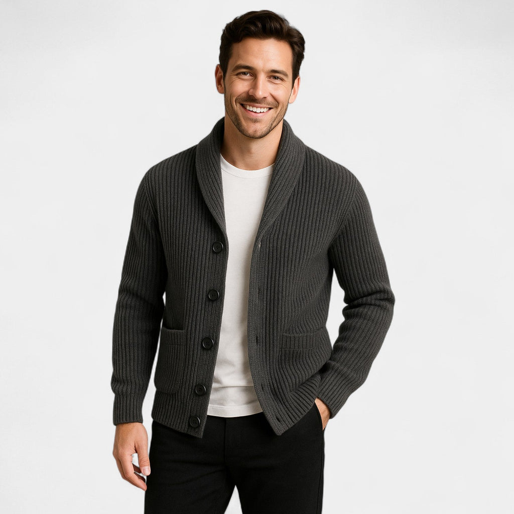 Men's Ribbed Cardigan, Shawl Collar, Button Front, Long Sleeves