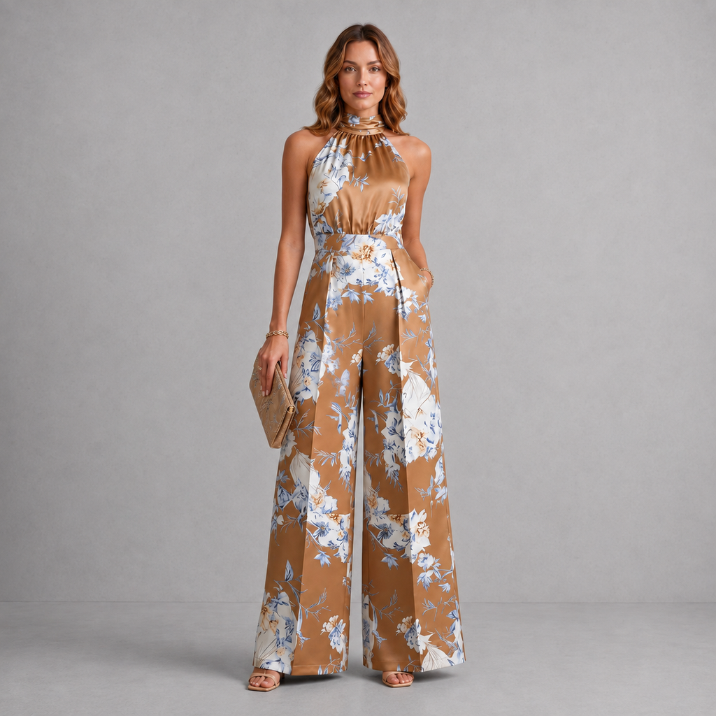Montarello Women's Floral Halter Neck Wide-Leg Jumpsuit