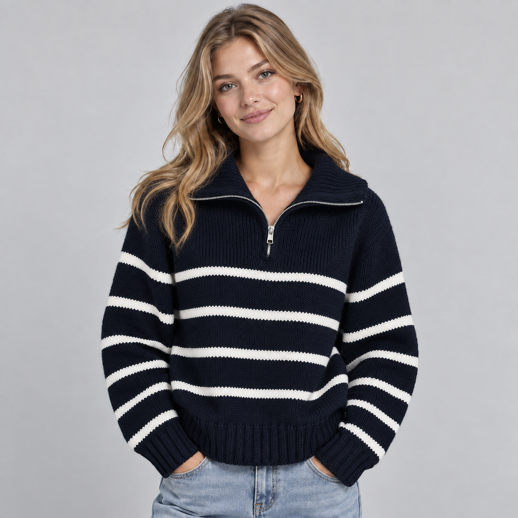 Montarello Women's Jumper Half Zip Striped Funnel Neck
