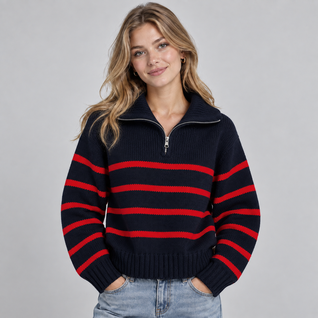 Montarello Women's Jumper Half Zip Striped Funnel Neck