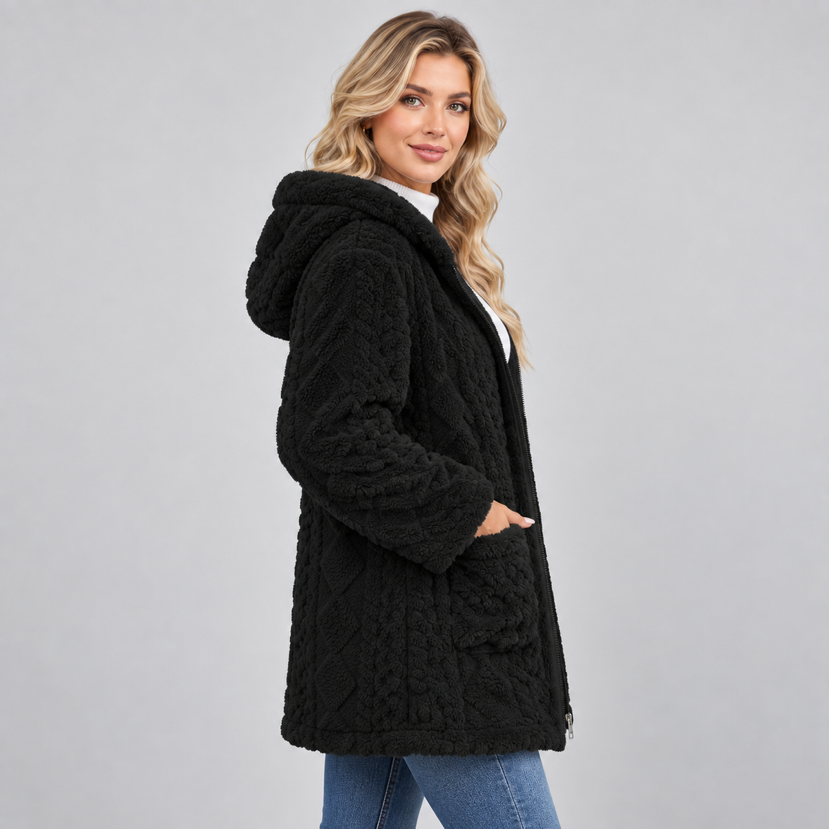 Montarello Women's Teddy Jacket Hooded Zip Up Borg