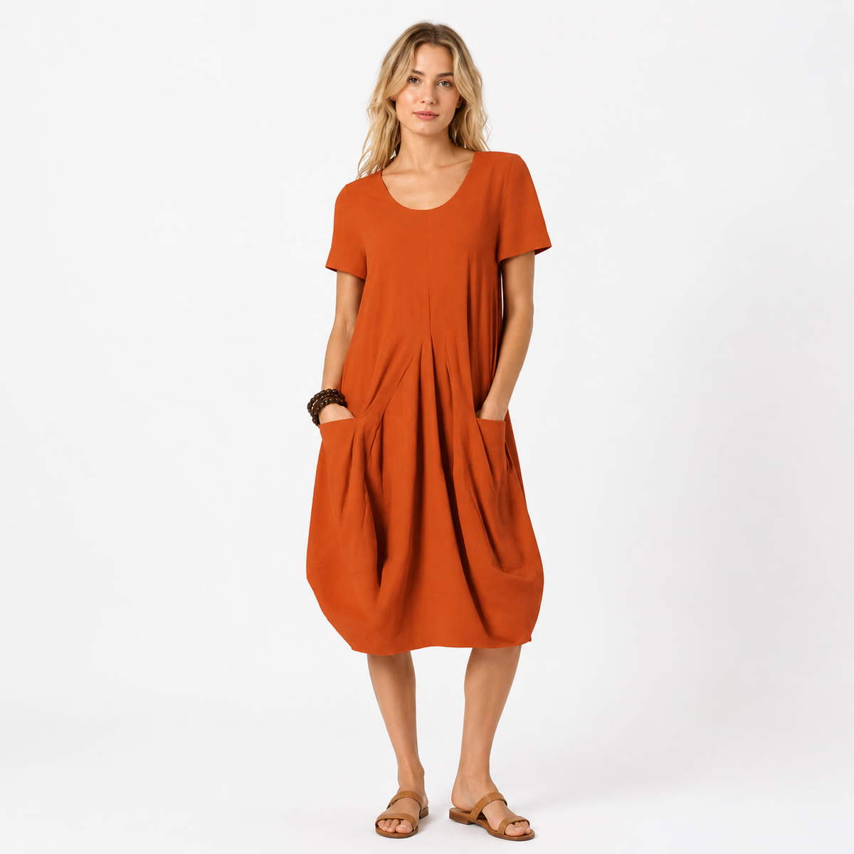 Montarello Women's Relaxed Fit Pocket Midi Dress Short Sleeve