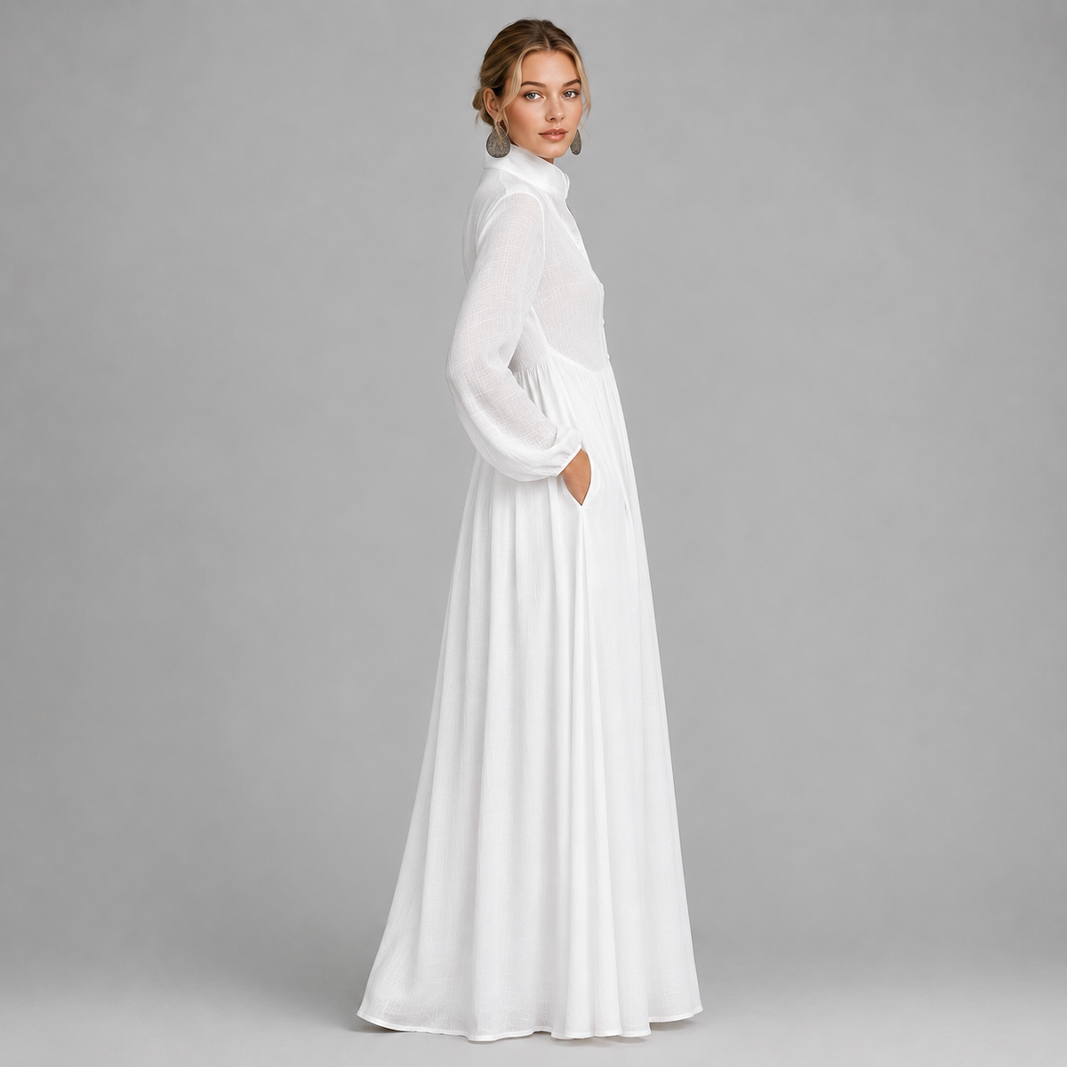 Montarello Women's Cotton Linen-Blend Long-Sleeve Maxi Dress with Stand-Up Collar