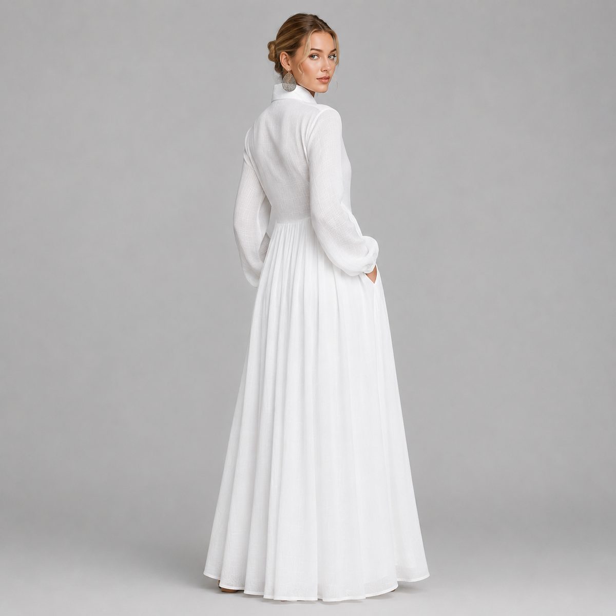 Montarello Women's Cotton Linen-Blend Long-Sleeve Maxi Dress with Stand-Up Collar