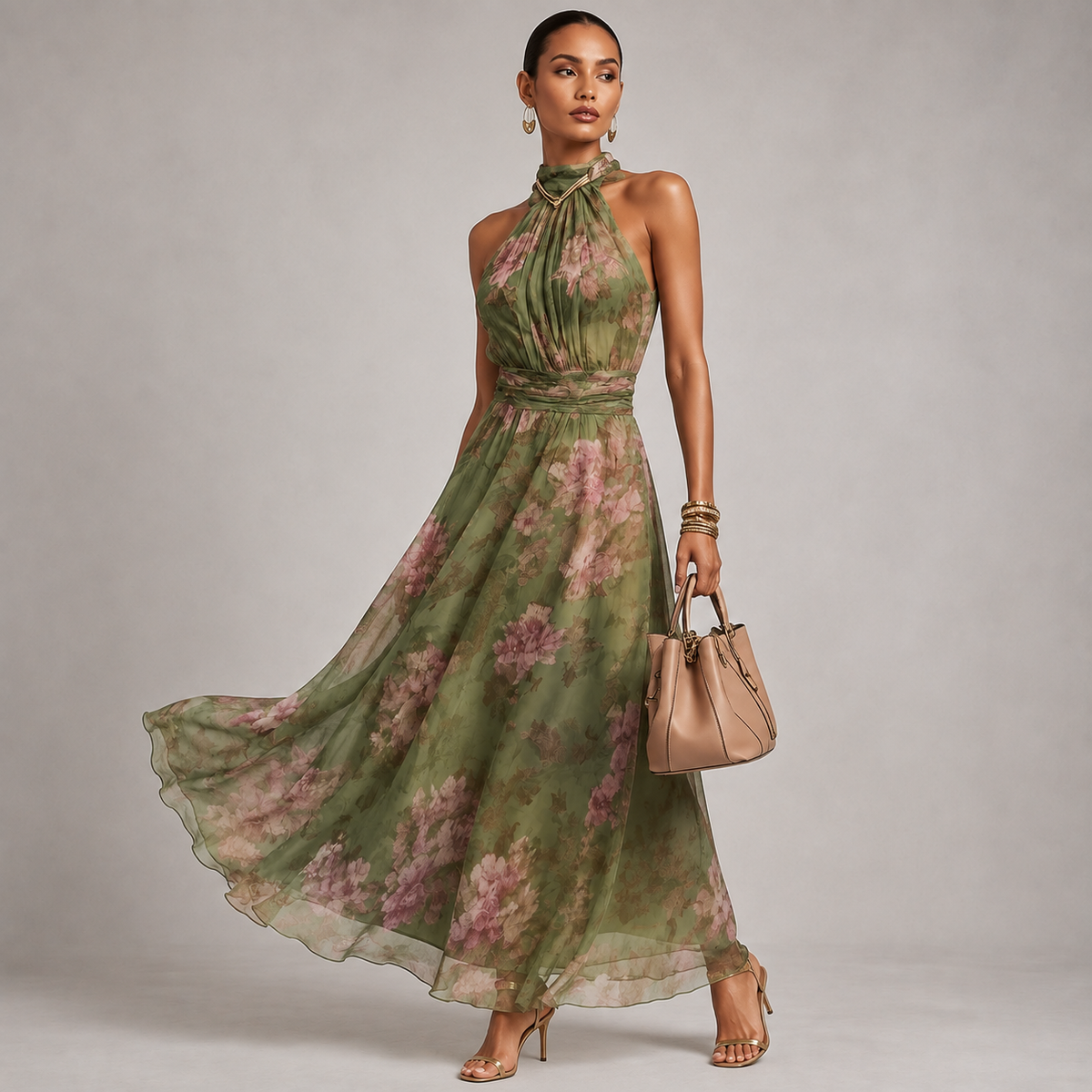 Montarello Women's Floral Halter Neck Chiffon Maxi Wedding Guest Dress